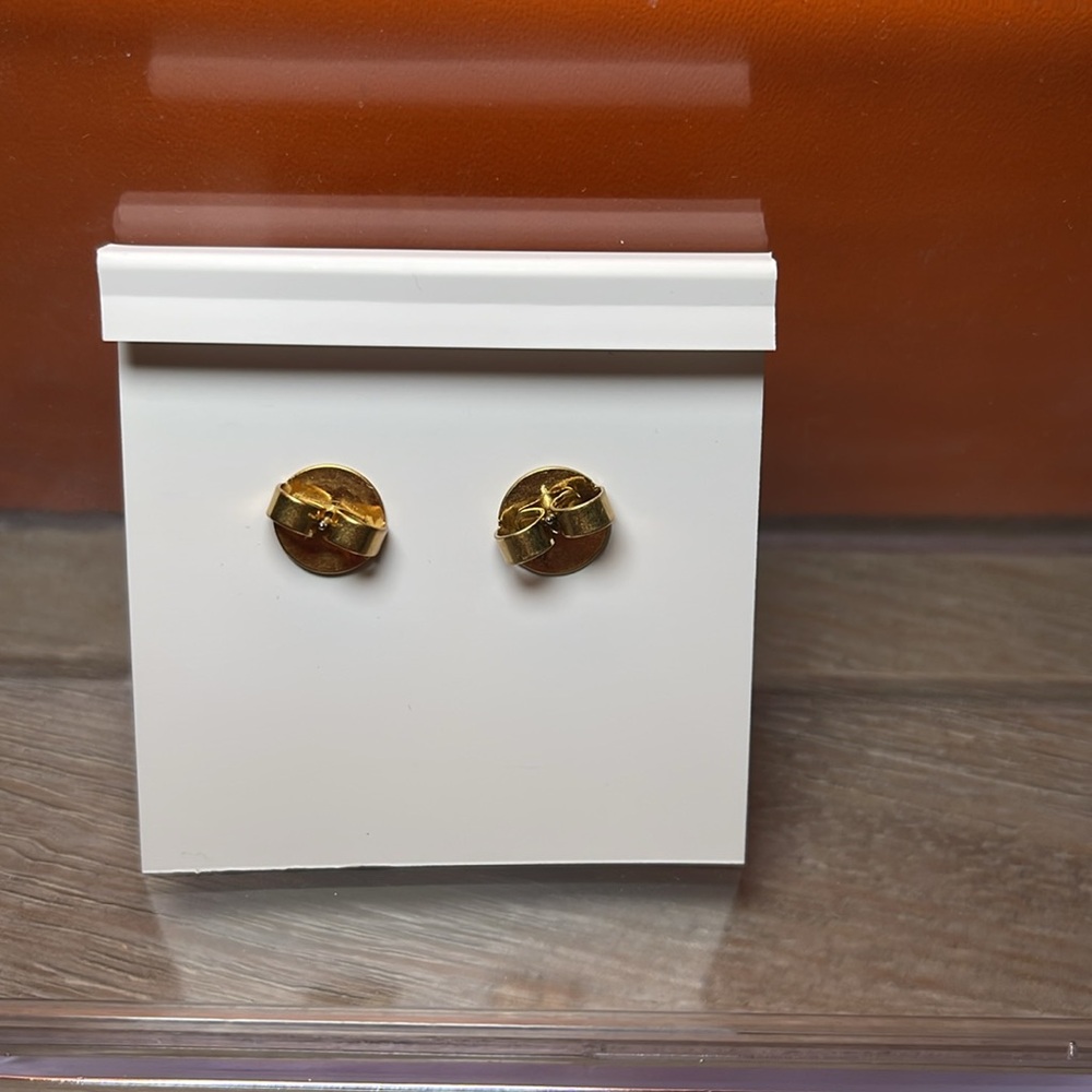 Tory Burch Roxanne Gold Enamel Striped Drop Logo Earrings - Picture 3 of 4